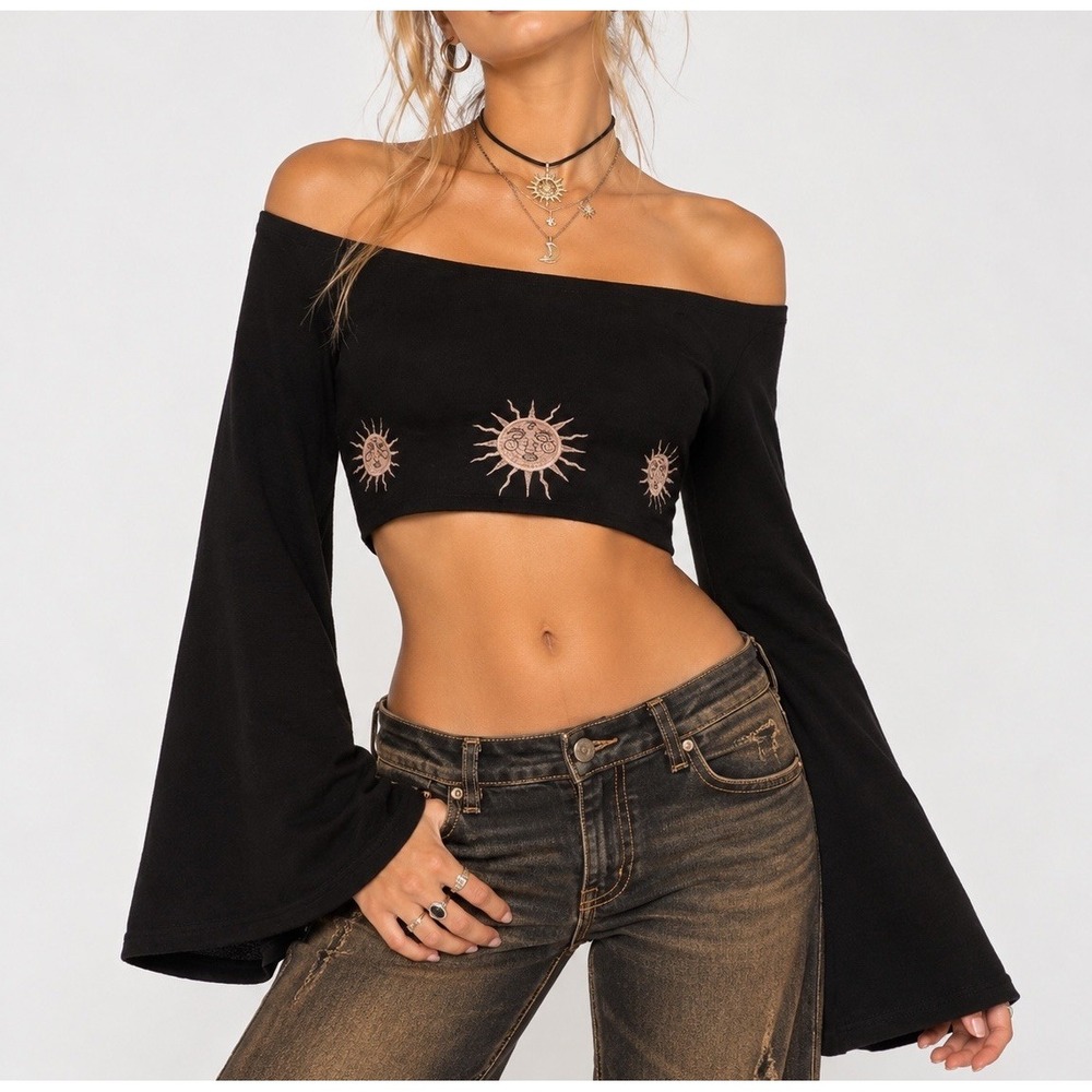 Celestial Sun Crop Top Off Shoulder Bell Sleeve Women's Black Y2K Whimsigoth